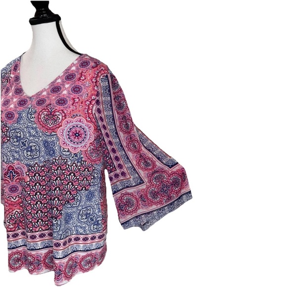 Chico's Tunic Blouse 3/4 Bell Sheer Sleeves Pink Blue Size 1 (medium) Lagenlook - Picture 4 of 6